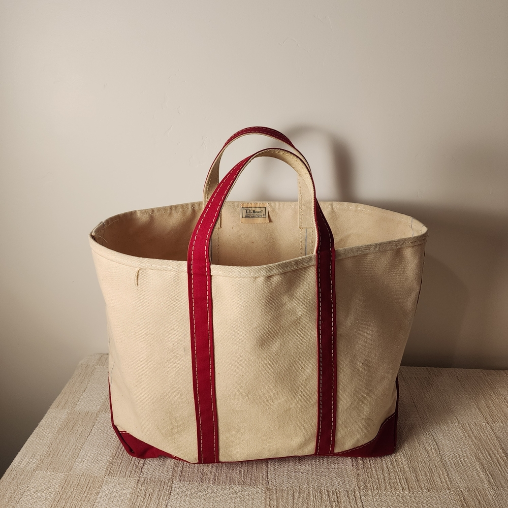 LL Bean Boat And Tote Large Canvas Tote Bag with Red Accents